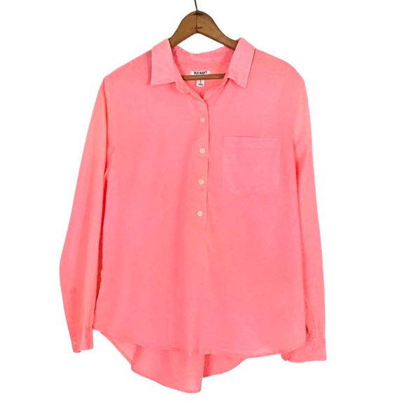 Old Navy Pink Neon Swiss Dot Popover Top Long Sleeve Semi Sheer Button Blouse L - Picture 11 of 16